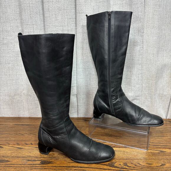 Newport News Black Leather Knee High Boots Women’s Size 10B Side Zip Block Heel - Picture 1 of 8
